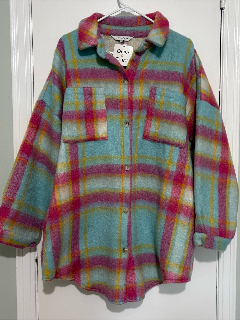 DAVI & DANI Aqua, Pink & Yellow Plaid womens Shacket